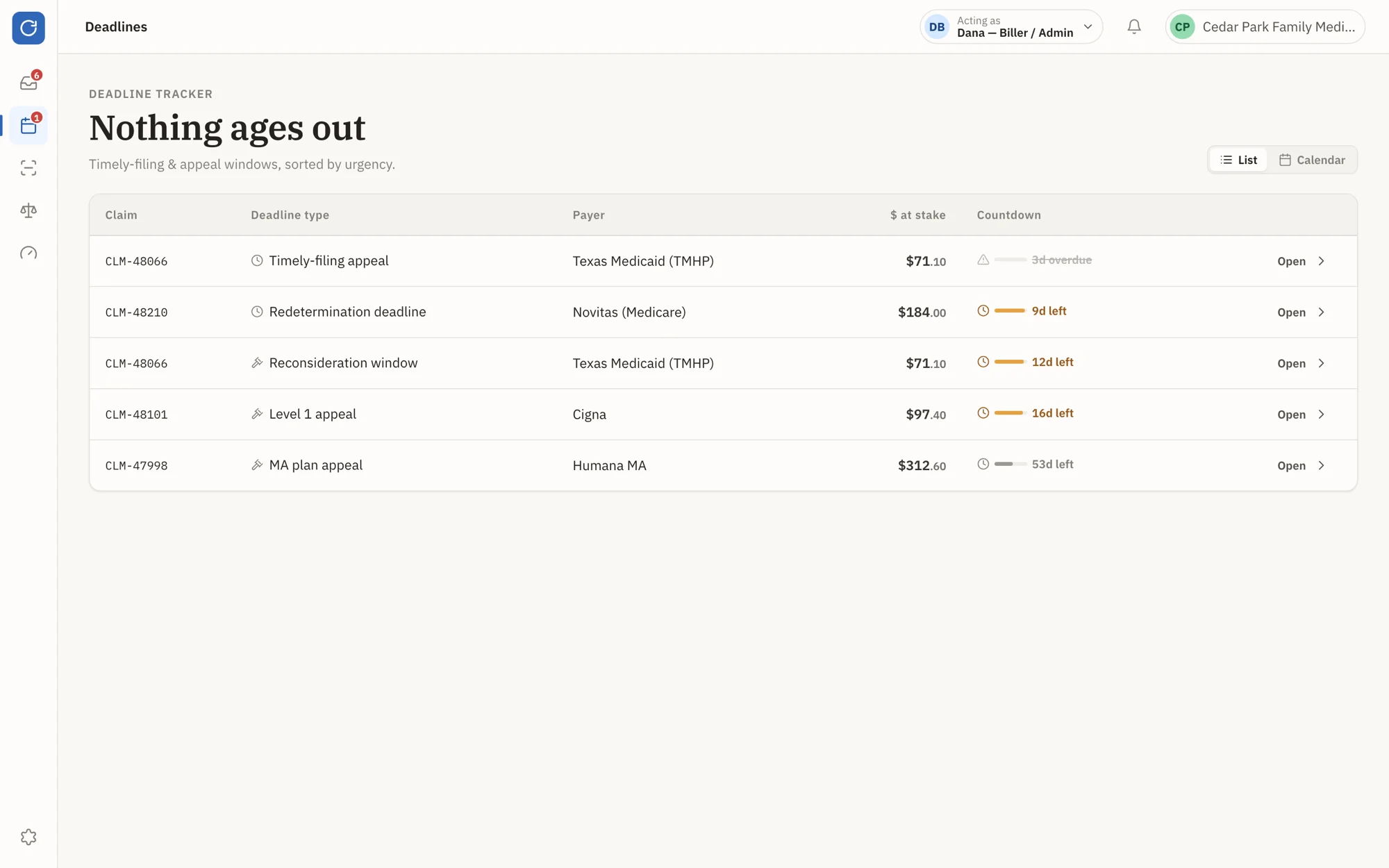 ClaimLoop deadline tracker listing appeal filing windows sorted by days remaining